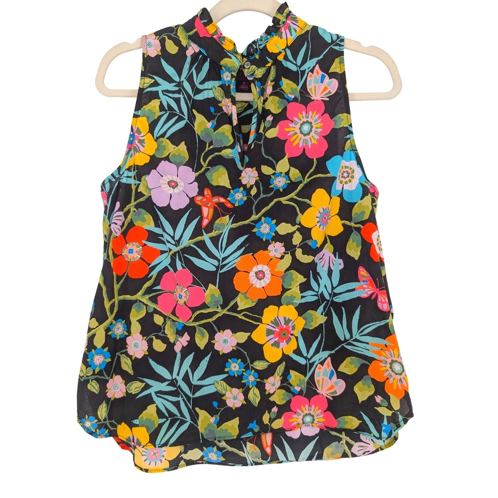 J. Crew Liberty Fabric Top Women 6 Black Floral Ruffle Neck Cottage Preppy‎